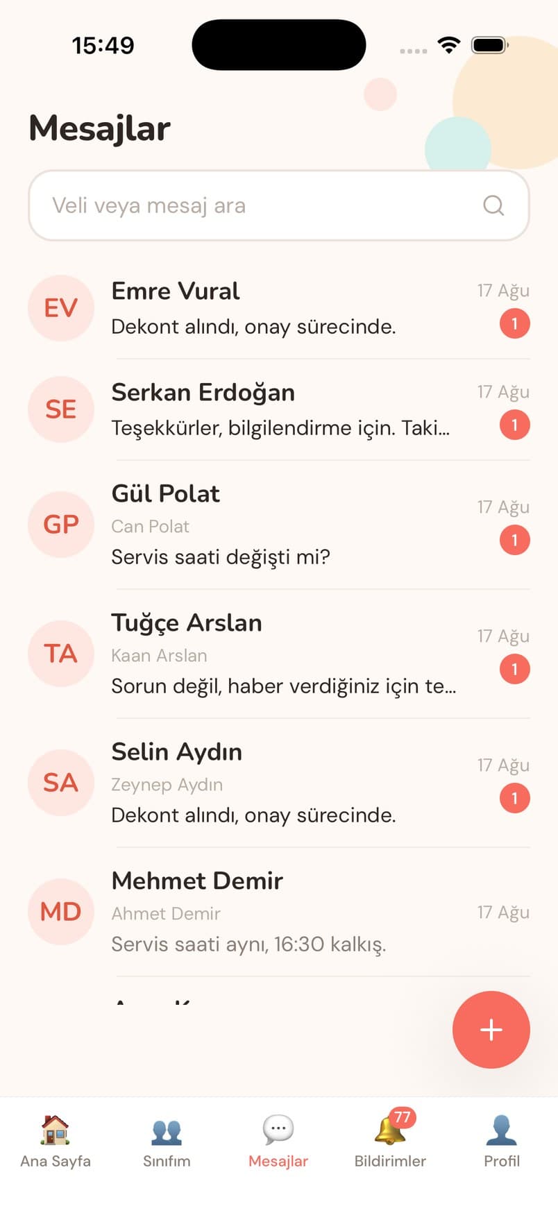 Mesajlar ekranı — Veli yazışmaları kurum panelinde, düzenli ve kayıt altında.