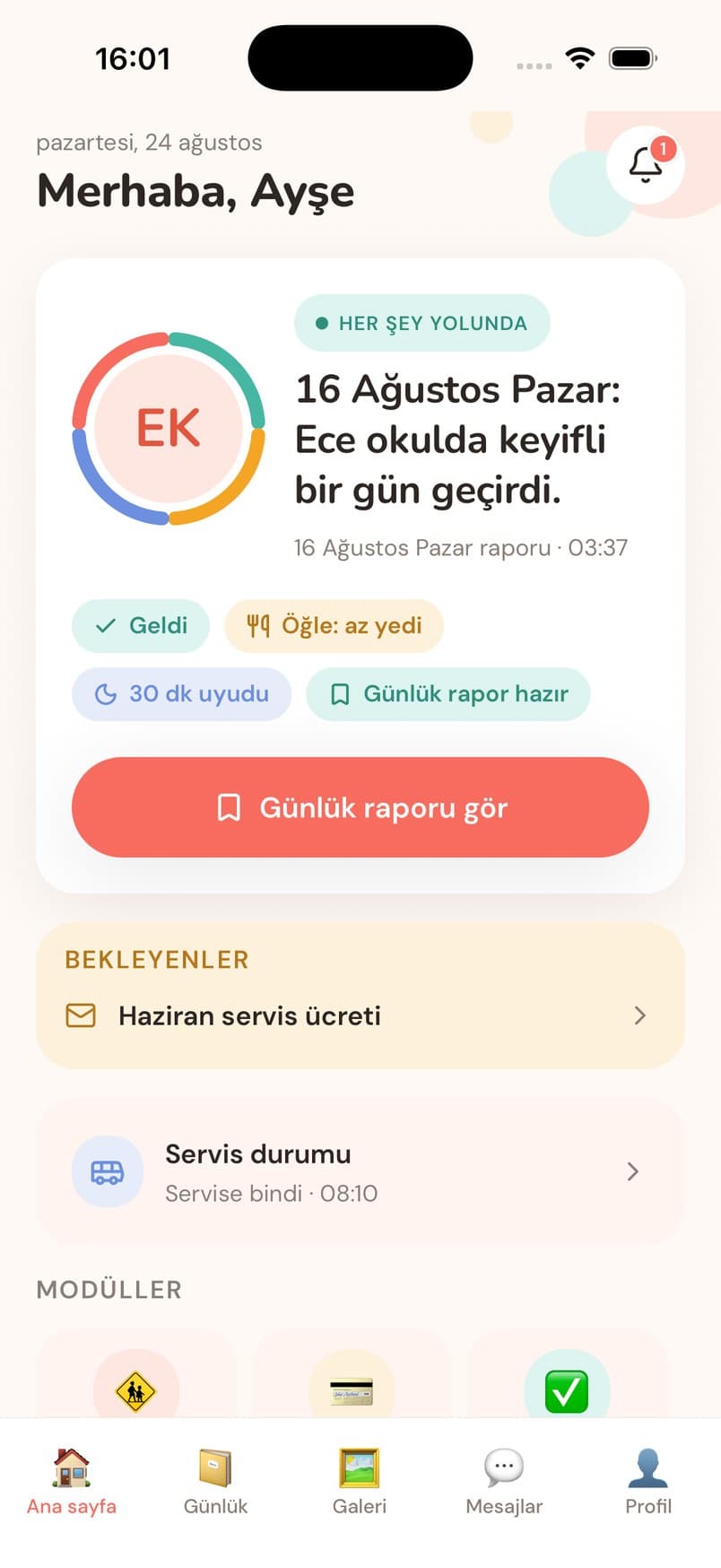 Veli ana sayfası ekranı — Çocuğunuzun günü tek kartta: yoklama, yemek, uyku, rapor.