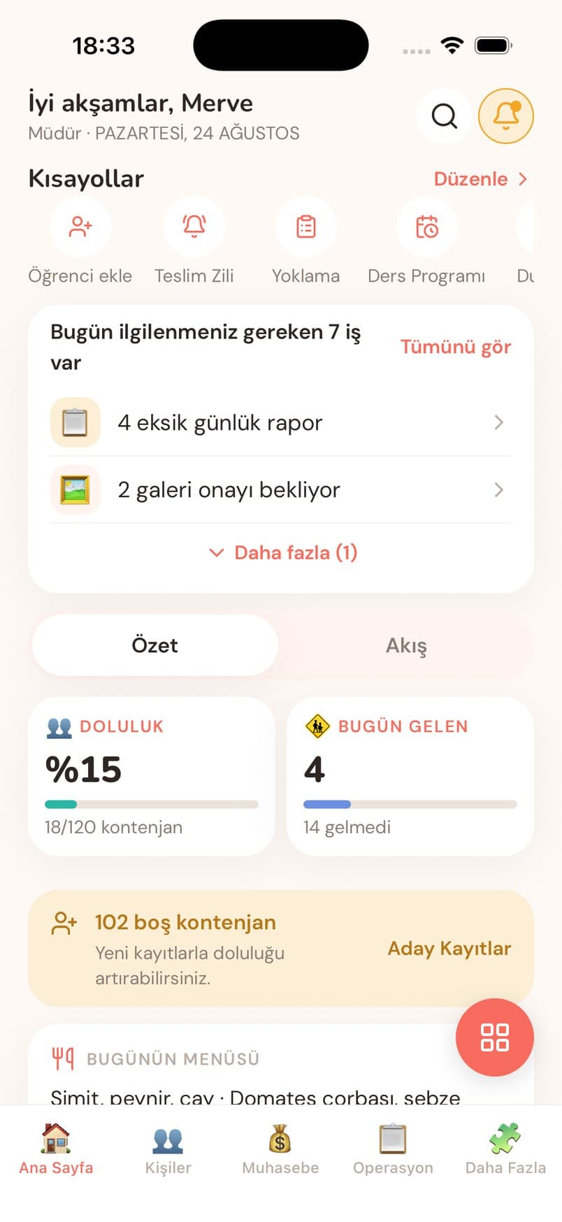 Ana sayfa ekranı — Günün iş listesi, doluluk ve kısayollar — kurum müdürün cebinde.