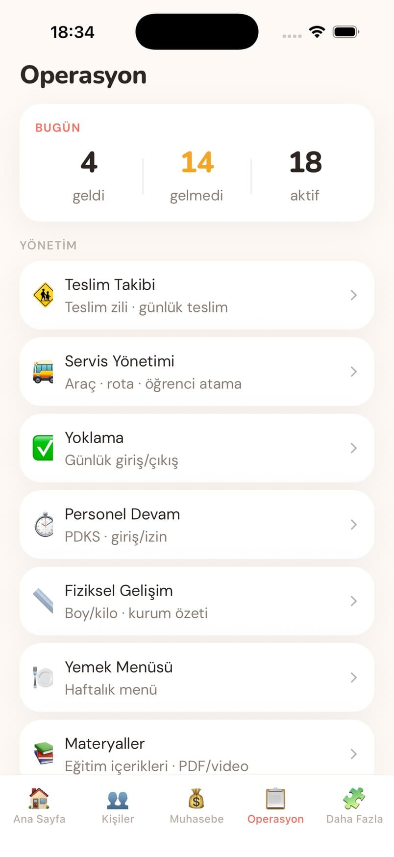 Operasyon ekranı — Teslim takibi, servis, personel devamı ve yemek menüsü tek listede.